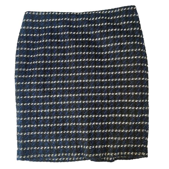 Ann Taylor Tweed Pencil Skirt Black Blue Cream Striped Size 14 - Picture 7 of 8